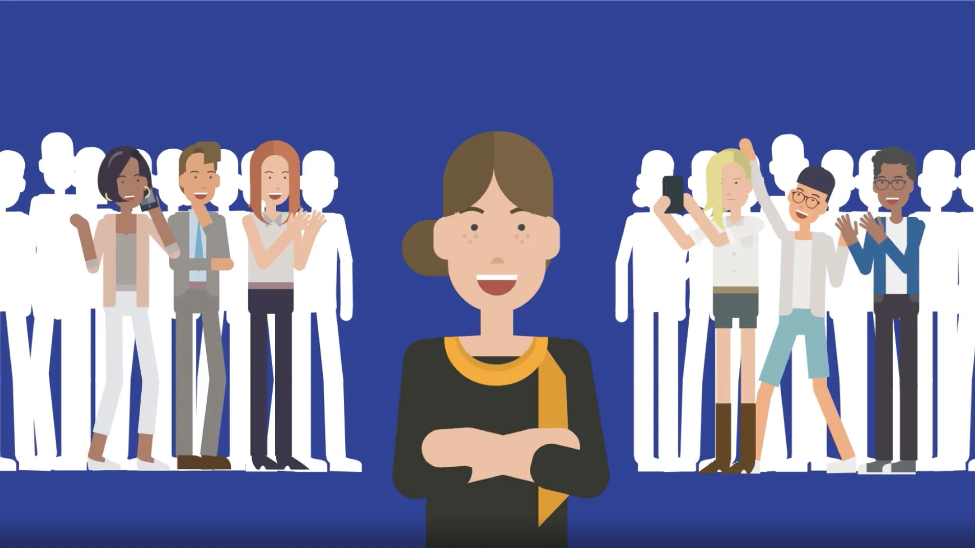 An illustrated crowd of workers of many trades, one figure standing forward